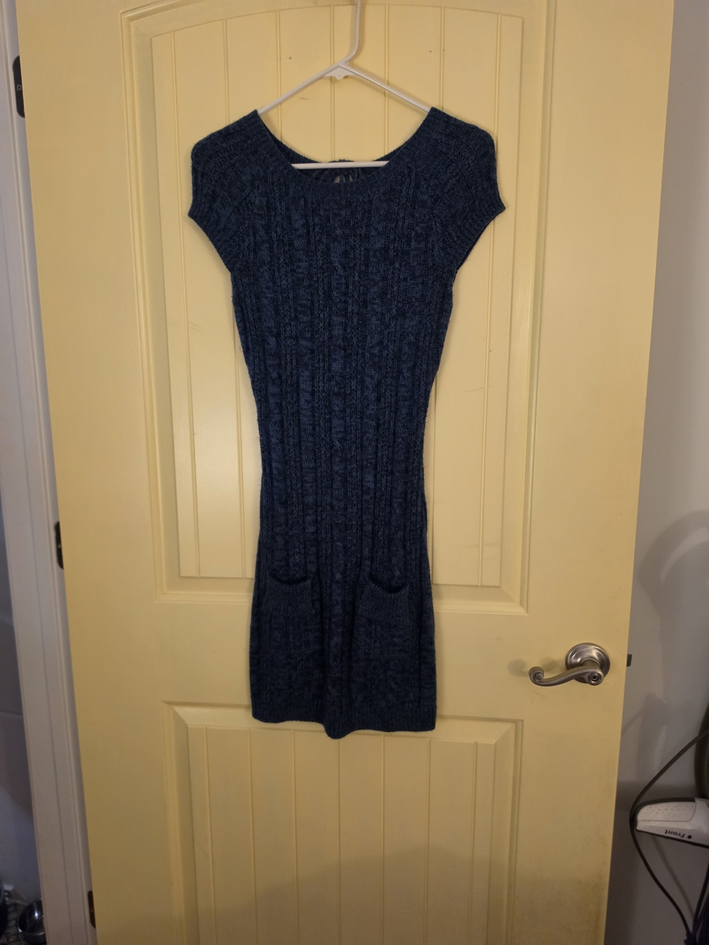 Ribbed Cap-Sleeve Knit Dress in Navy